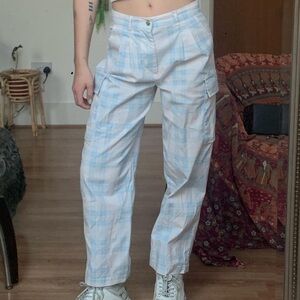 ASOS Design Cargo Pants Women Blue White Plaid Pleated High Waist